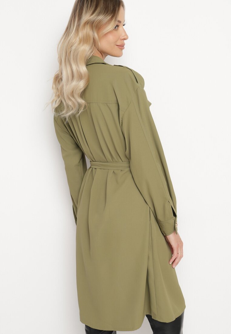 unigirl Rochie cămașă verde cu nasturi decorativi și curea legată Alttia