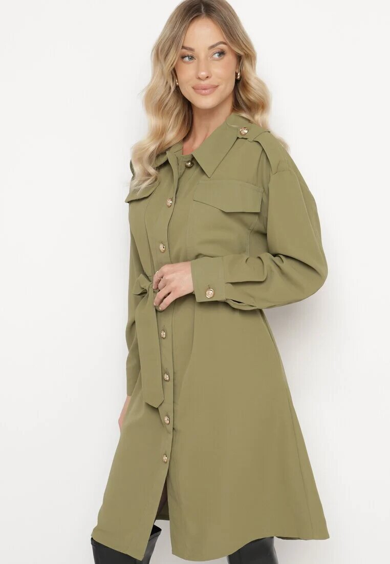 unigirl Rochie cămașă verde cu nasturi decorativi și curea legată Alttia