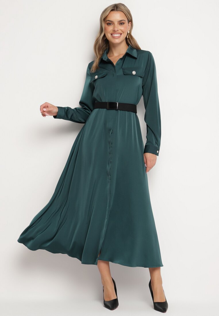 unigirl Rochie cămașă Verde din Satin Decorată cu o Curea și Imitații de Buzunare Vamilea