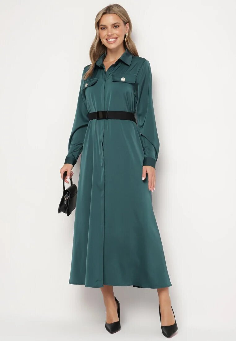 unigirl Rochie cămașă Verde din Satin Decorată cu o Curea și Imitații de Buzunare Vamilea