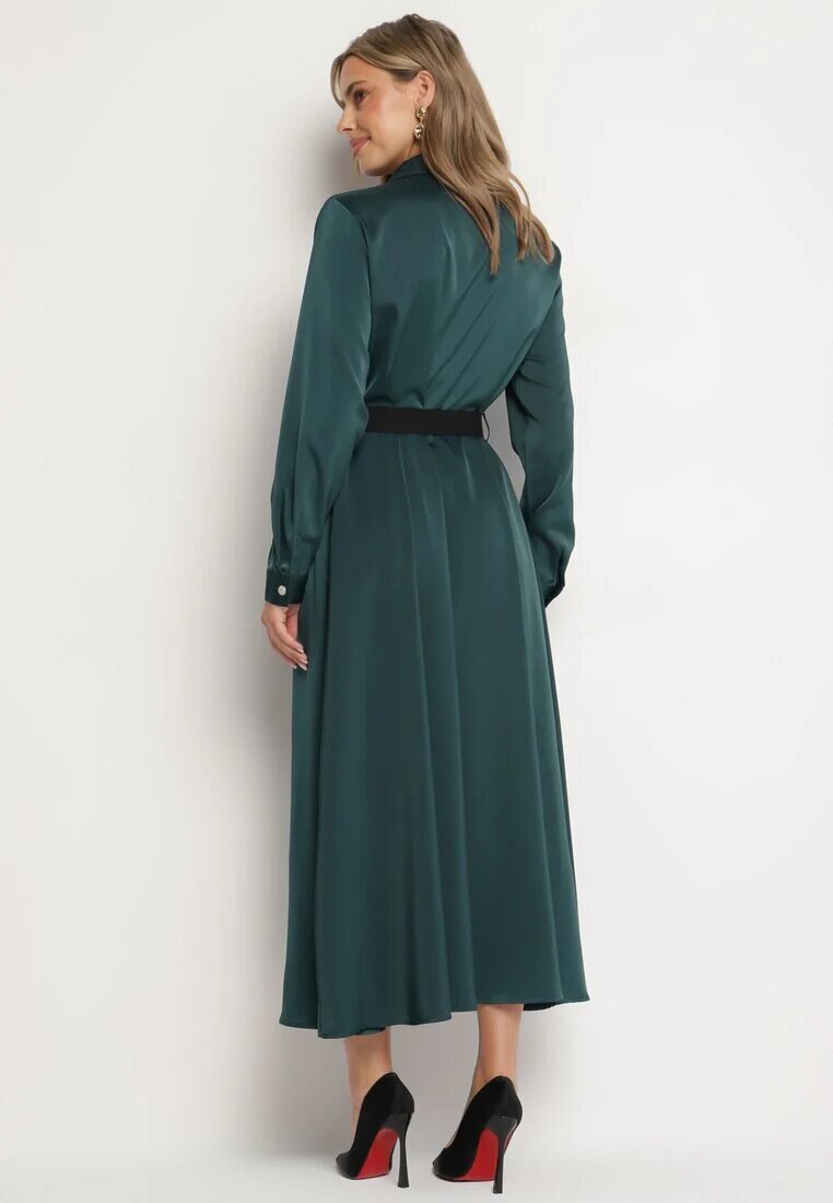 unigirl Rochie cămașă Verde din Satin Decorată cu o Curea și Imitații de Buzunare Vamilea