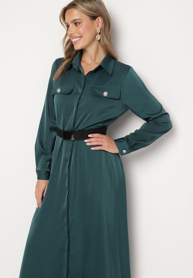 unigirl Rochie cămașă Verde din Satin Decorată cu o Curea și Imitații de Buzunare Vamilea