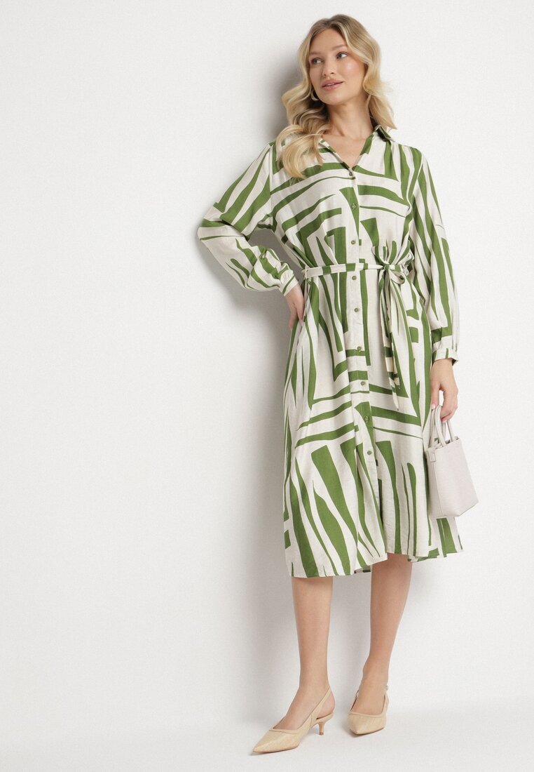 unigirl Rochie Cămașă Verde din Viscoză cu Imprimeu Geometric Legată în Talie Ninalora