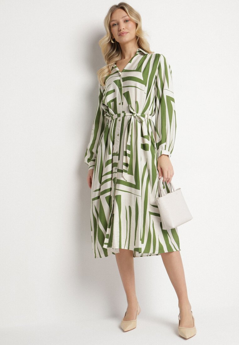 unigirl Rochie Cămașă Verde din Viscoză cu Imprimeu Geometric Legată în Talie Ninalora