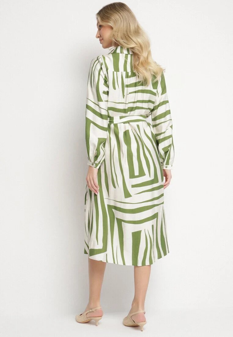 unigirl Rochie Cămașă Verde din Viscoză cu Imprimeu Geometric Legată în Talie Ninalora
