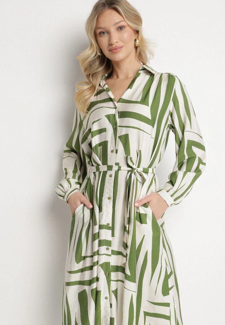 unigirl Rochie Cămașă Verde din Viscoză cu Imprimeu Geometric Legată în Talie Ninalora