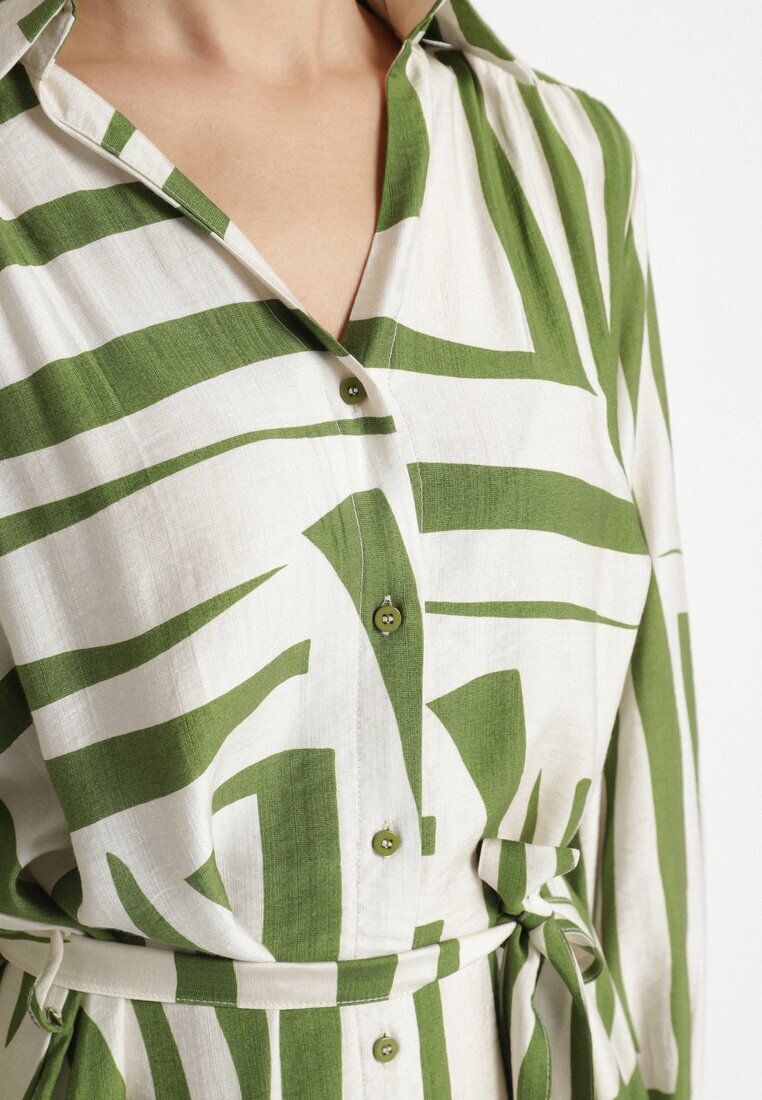 unigirl Rochie Cămașă Verde din Viscoză cu Imprimeu Geometric Legată în Talie Ninalora