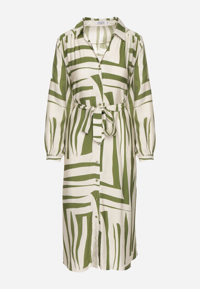 unigirl Rochie Cămașă Verde din Viscoză cu Imprimeu Geometric Legată în Talie Ninalora