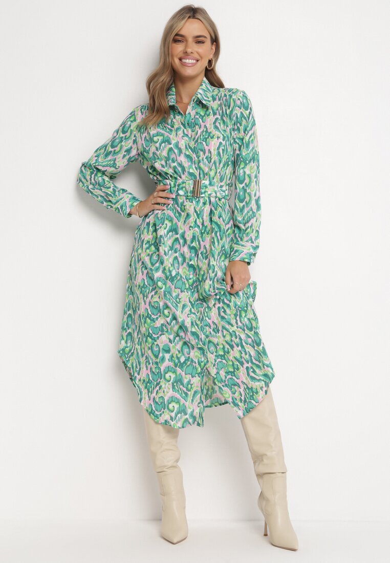 unigirl Rochie cămașă verde Midi cu curea elastică cu imprimeu abstract Demoni