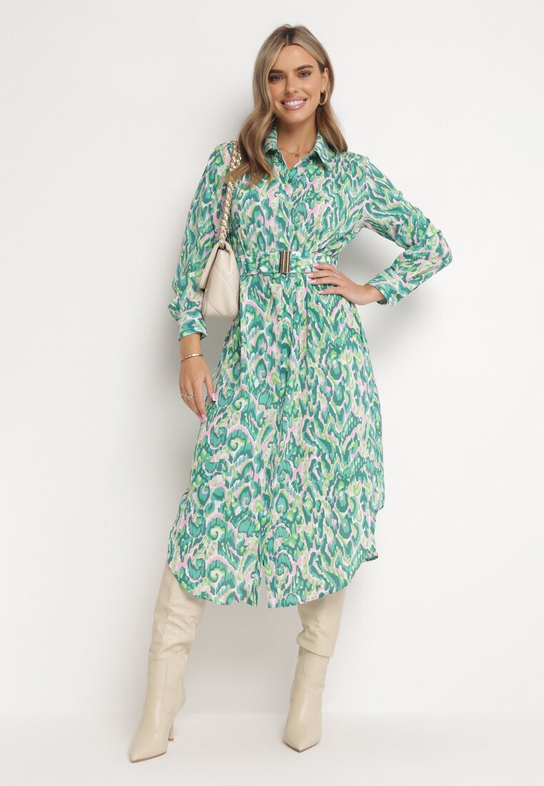 unigirl Rochie cămașă verde Midi cu curea elastică cu imprimeu abstract Demoni