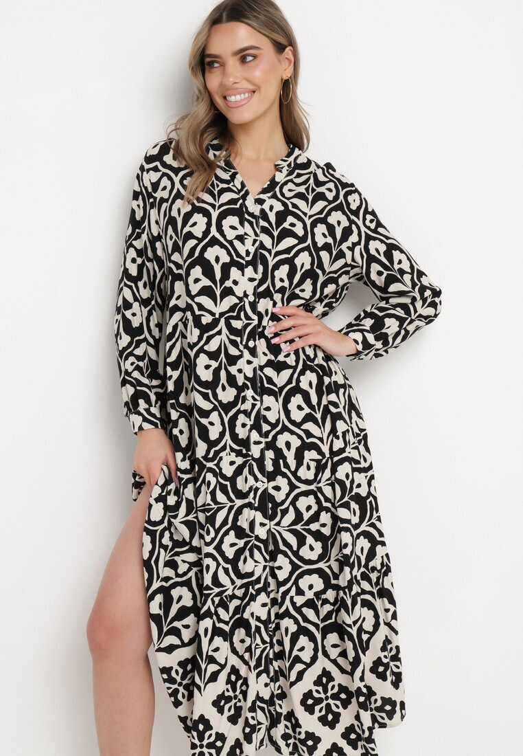 unigirl Rochie Czarno-Albă cu Model Ornamental cu Fason Cămașă Venleia