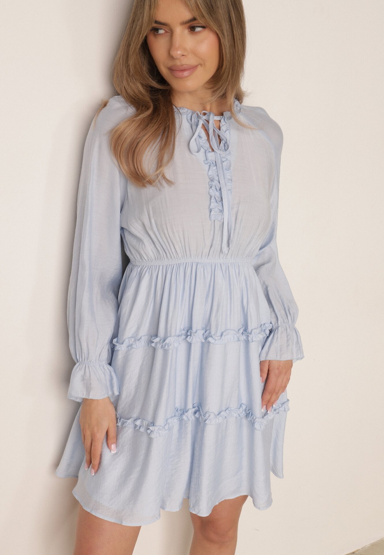 unigirl Rochie de vară din viscoză în stil Boho cu volănașe și tip cravată Barpea Albastru deschis