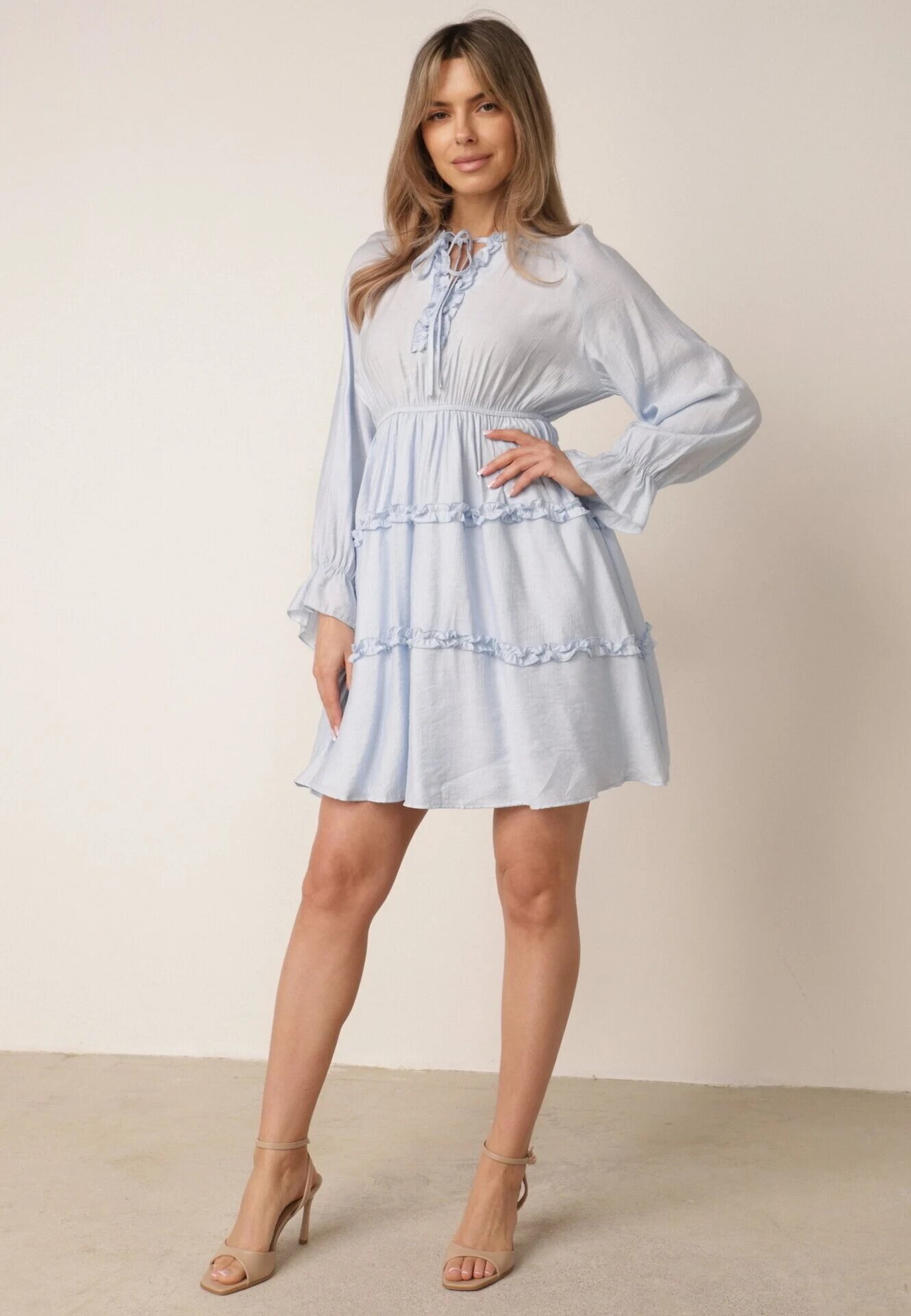 unigirl Rochie de vară din viscoză în stil Boho cu volănașe și tip cravată Barpea Albastru deschis