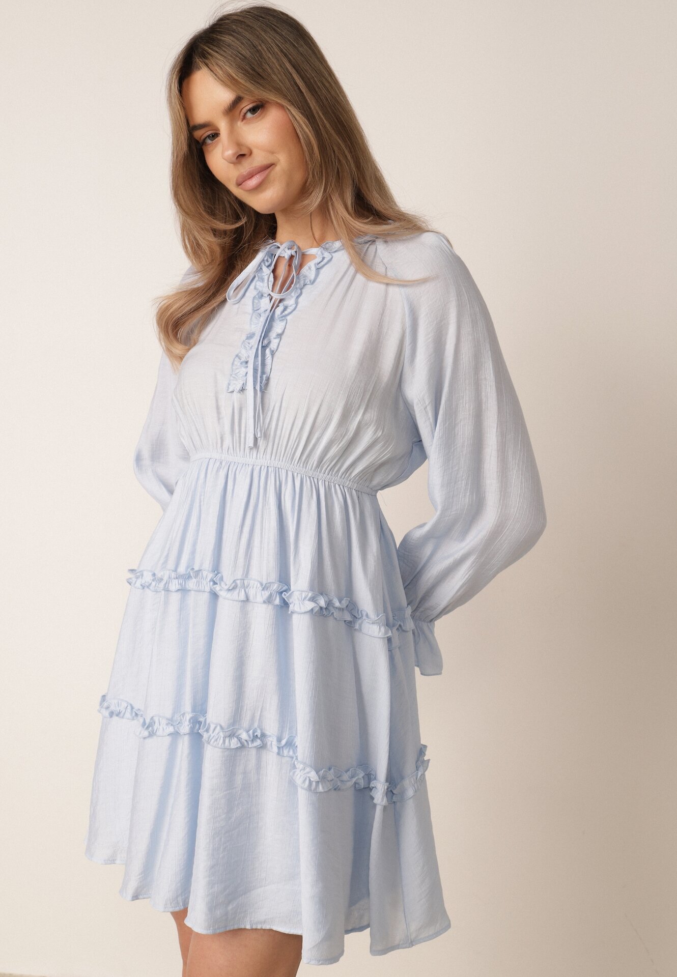 unigirl Rochie de vară din viscoză în stil Boho cu volănașe și tip cravată Barpea Albastru deschis