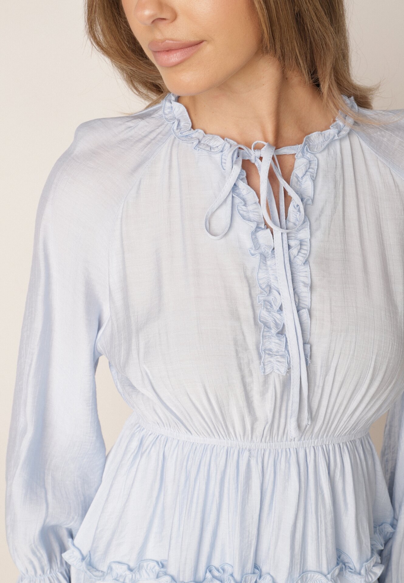 unigirl Rochie de vară din viscoză în stil Boho cu volănașe și tip cravată Barpea Albastru deschis