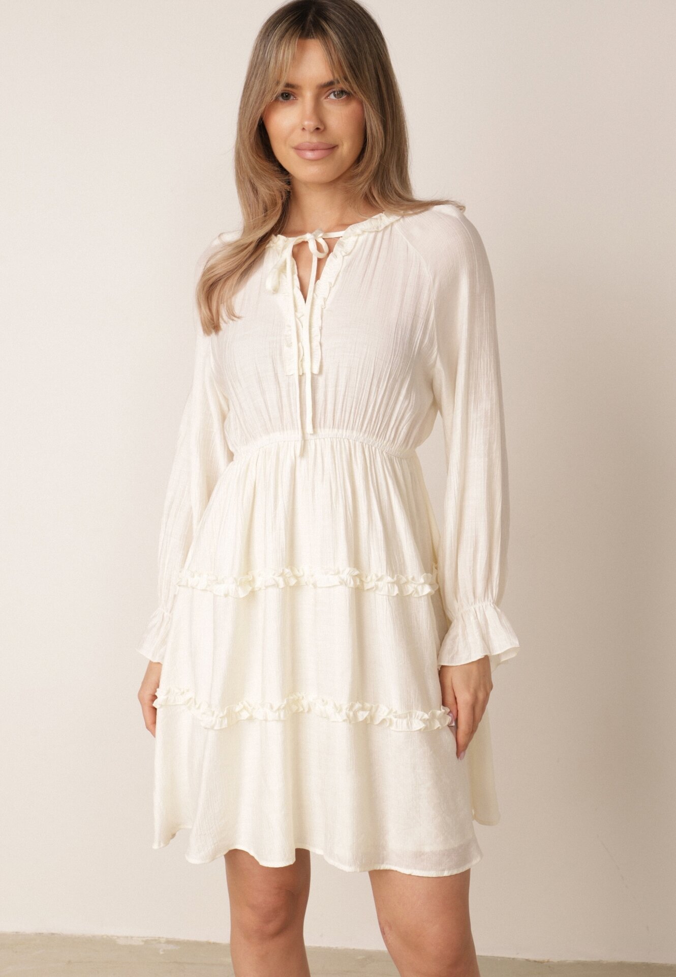 unigirl Rochie de vară din viscoză în stil Boho cu volănașe și tip cravată Barpea Bej