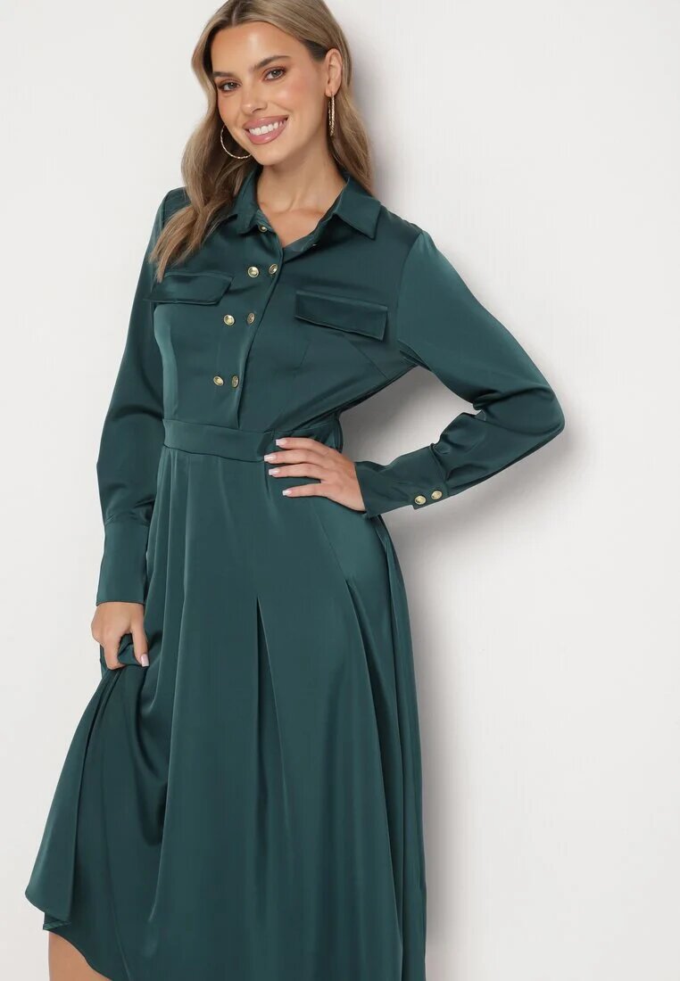 unigirl Rochie Evazată Verde cu croi de cămașă cu imitație de buzunare și elastic în talie Rizza