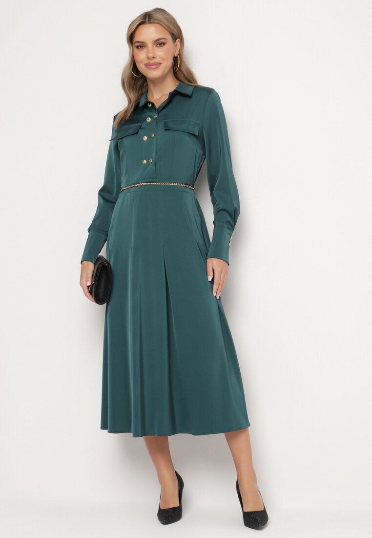 unigirl Rochie Evazată Verde cu croi de cămașă cu imitație de buzunare și elastic în talie Rizza