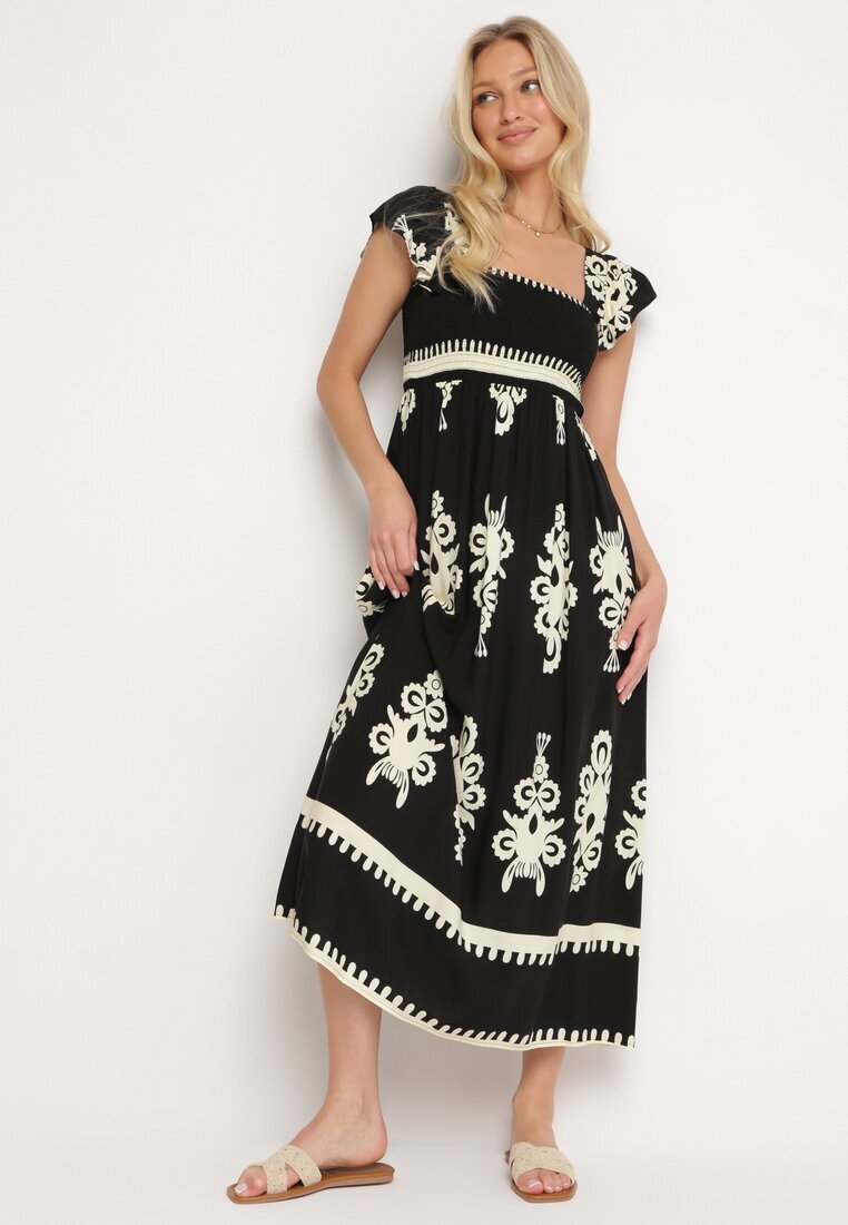 unigirl Rochie neagră Boho din viscoză cu bretele late cu elastic în talie și volan Cleria