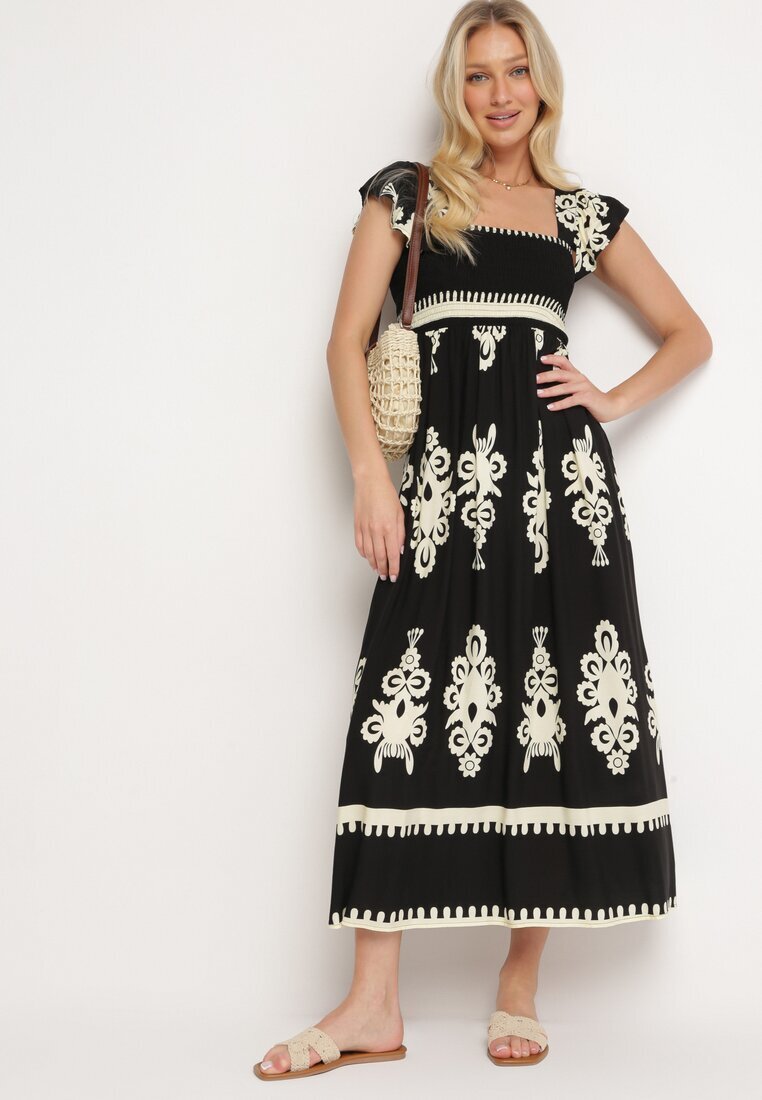unigirl Rochie neagră Boho din viscoză cu bretele late cu elastic în talie și volan Cleria