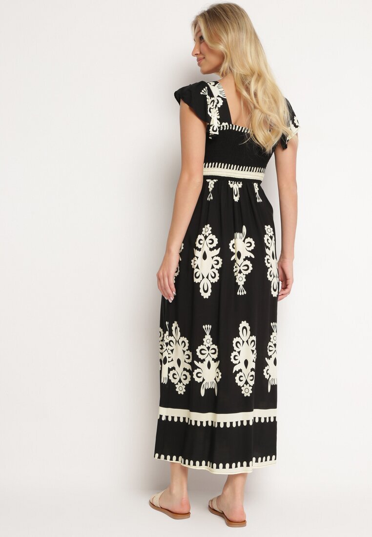 unigirl Rochie neagră Boho din viscoză cu bretele late cu elastic în talie și volan Cleria