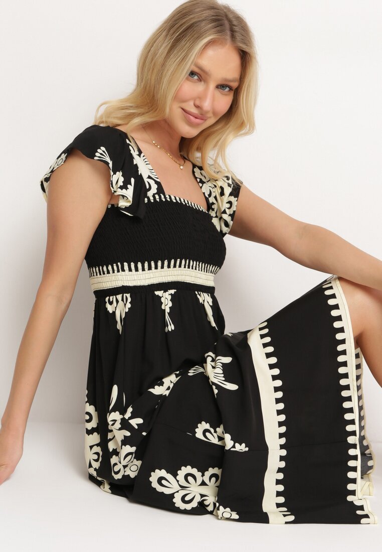 unigirl Rochie neagră Boho din viscoză cu bretele late cu elastic în talie și volan Cleria