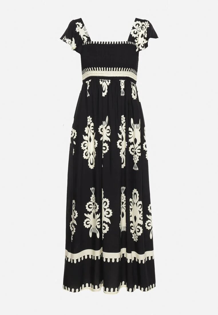unigirl Rochie neagră Boho din viscoză cu bretele late cu elastic în talie și volan Cleria