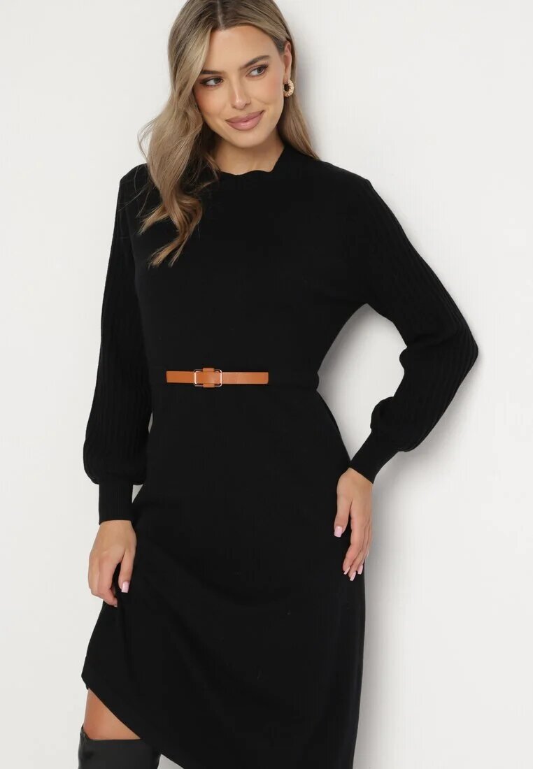 unigirl Rochie Neagră cu Viscoză Decorată cu Mâneci Plisate și Curea Daikari