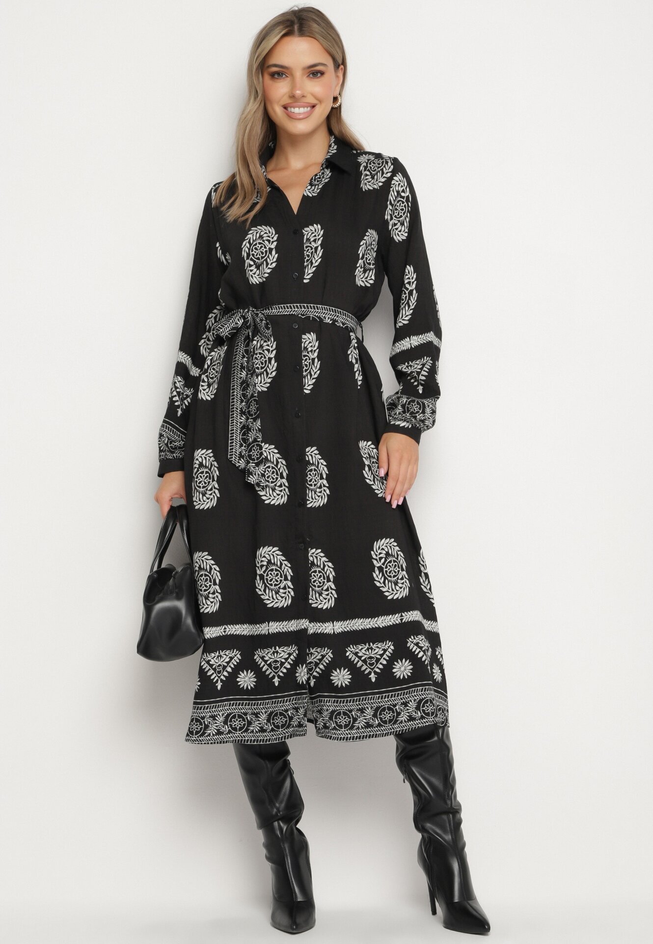 unigirl Rochie Neagră de Cămașă Decorată cu Model Ornamental cu Cordon Legat Roriola