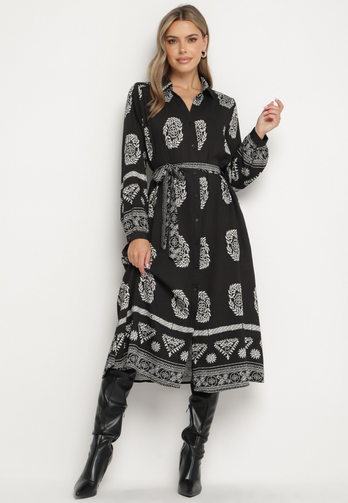 unigirl Rochie Neagră de Cămașă Decorată cu Model Ornamental cu Cordon Legat Roriola