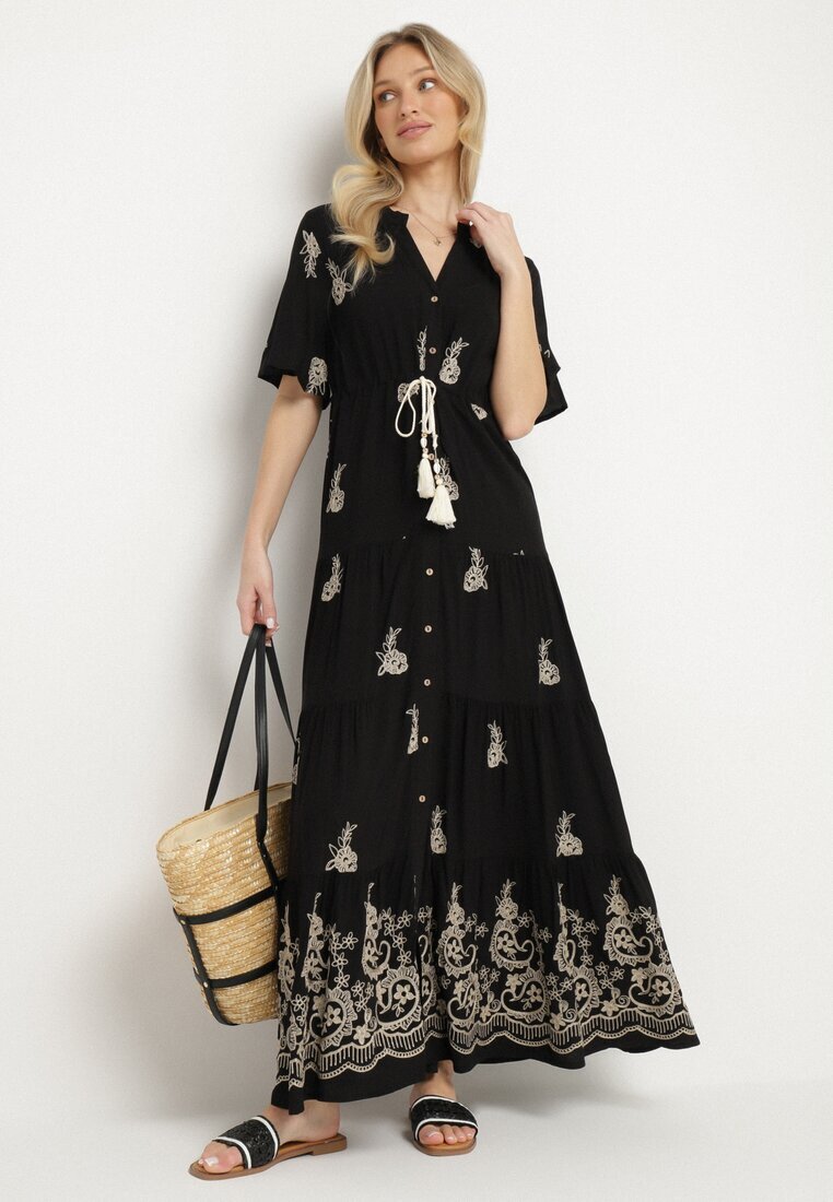 unigirl Rochie Neagră din Vâscoză Boho cu Croi Evazat Broderie și Legătură Lilvanis