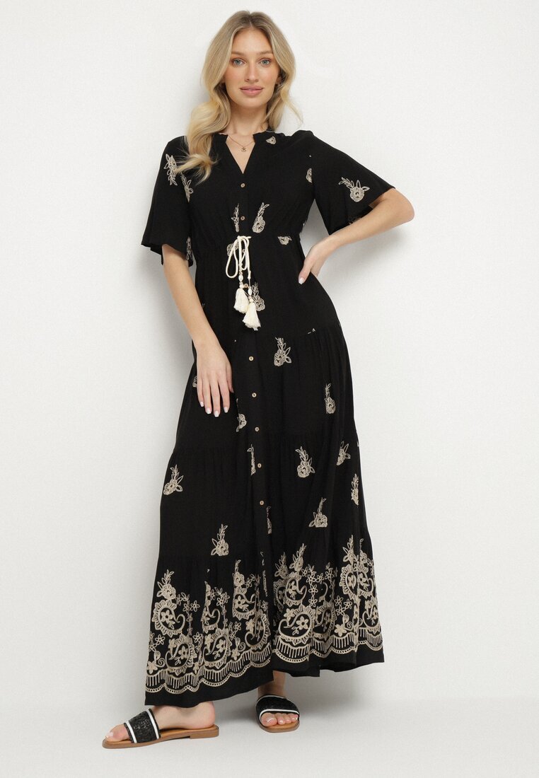 unigirl Rochie Neagră din Vâscoză Boho cu Croi Evazat Broderie și Legătură Lilvanis