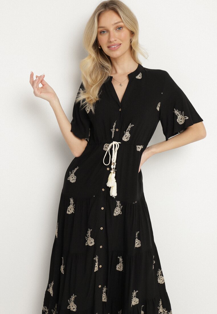 unigirl Rochie Neagră din Vâscoză Boho cu Croi Evazat Broderie și Legătură Lilvanis
