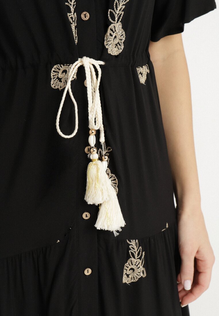 unigirl Rochie Neagră din Vâscoză Boho cu Croi Evazat Broderie și Legătură Lilvanis