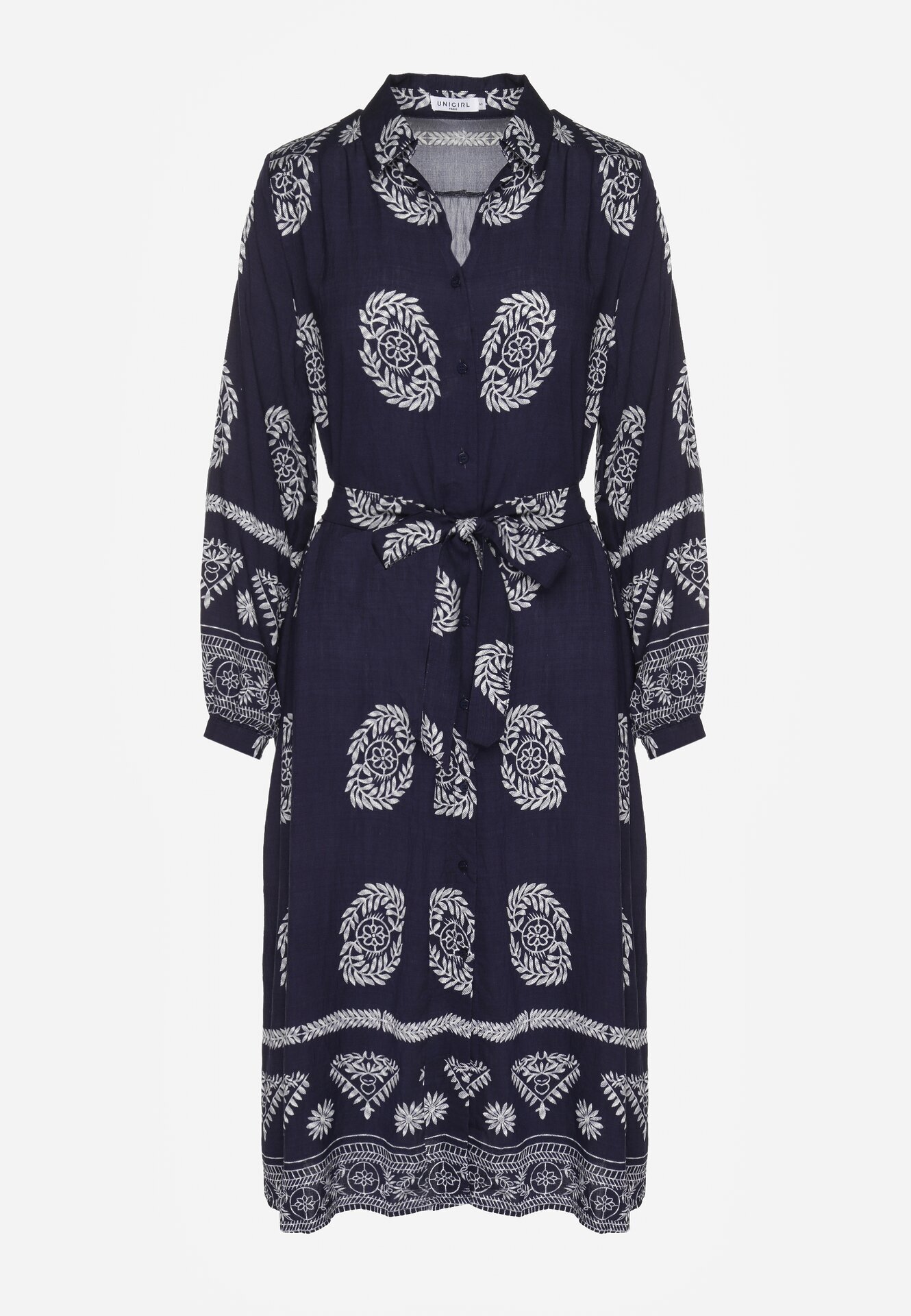 unigirl Rochie tip cămașă bleumarin decorată cu model ornamental și cordon de legat Roriola