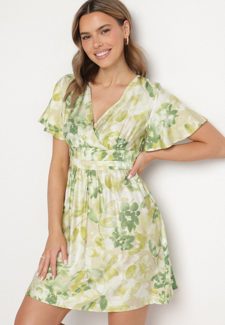 unigirl Rochie Verde cu Decolteu Petrecut cu Viscoză cu Flori Sovedia