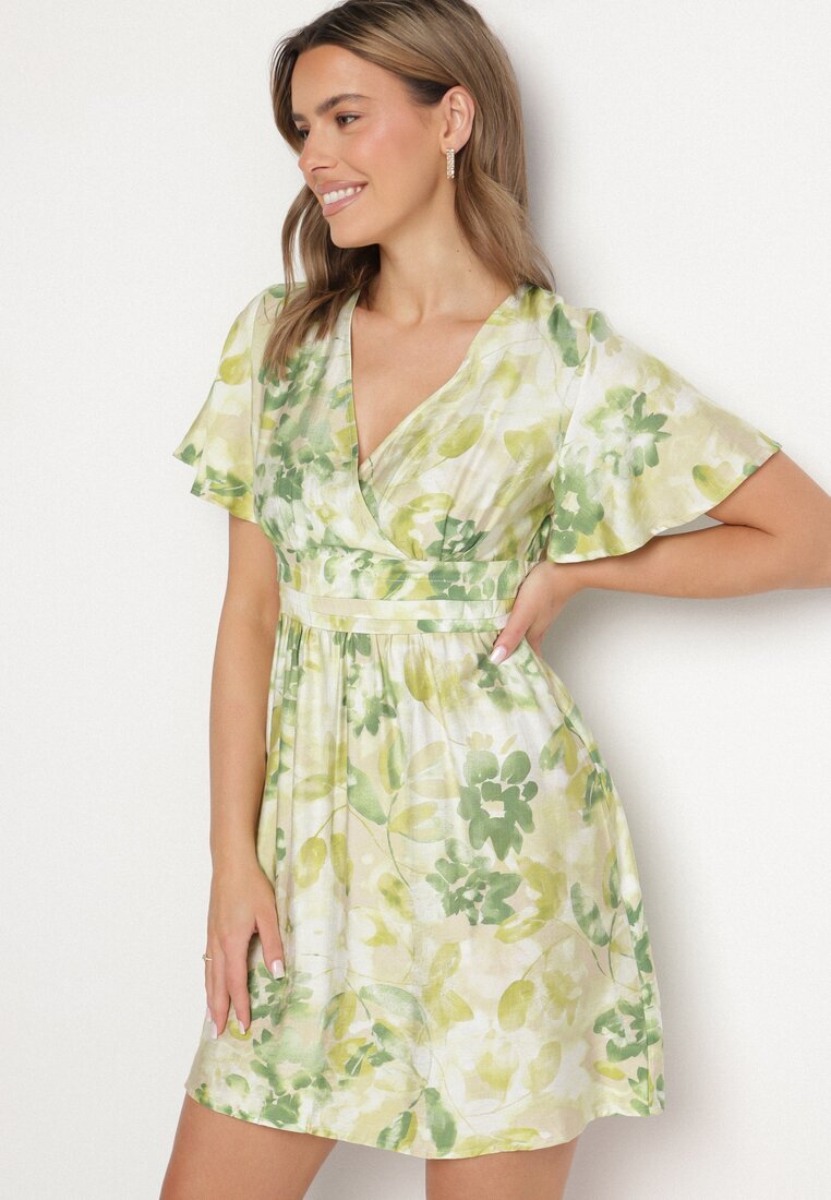 unigirl Rochie Verde cu Decolteu Petrecut cu Viscoză cu Flori Sovedia