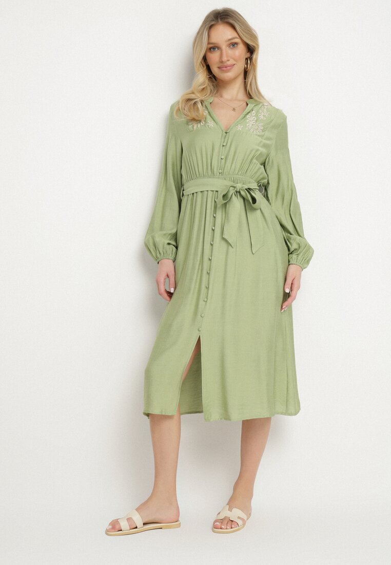 unigirl Rochie Verde cu Vâscoză cu o Croială Evazată cu Legătură și Broderie Velvania