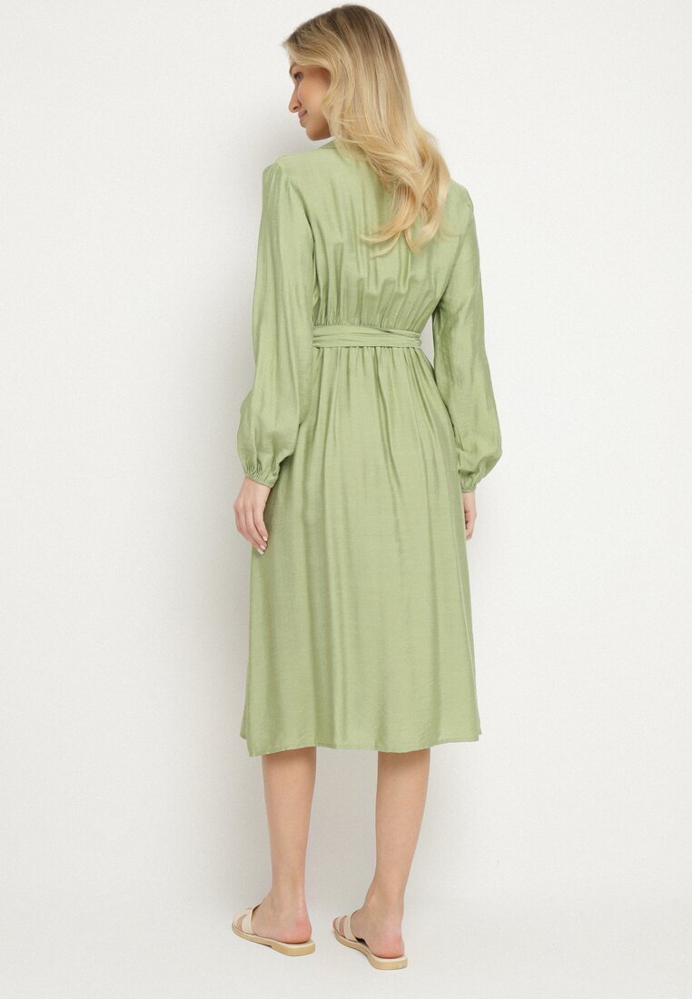 unigirl Rochie Verde cu Vâscoză cu o Croială Evazată cu Legătură și Broderie Velvania