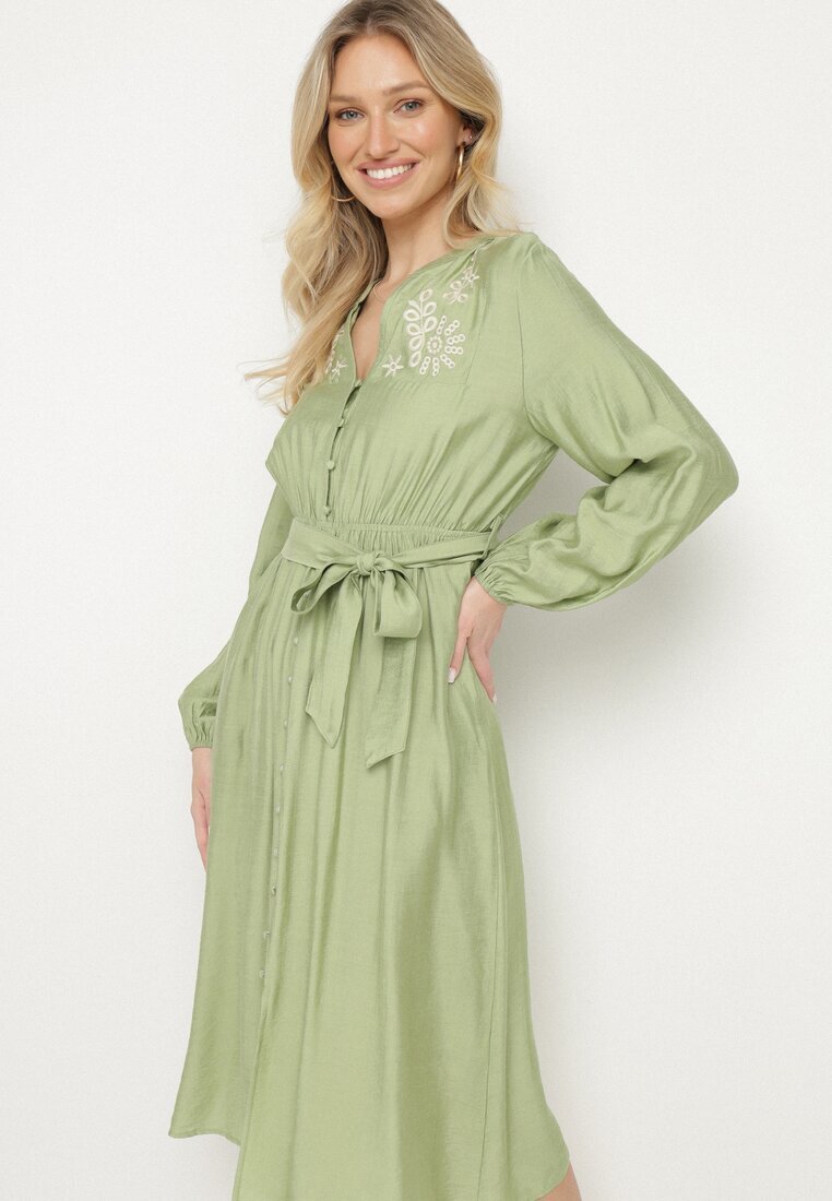 unigirl Rochie Verde cu Vâscoză cu o Croială Evazată cu Legătură și Broderie Velvania