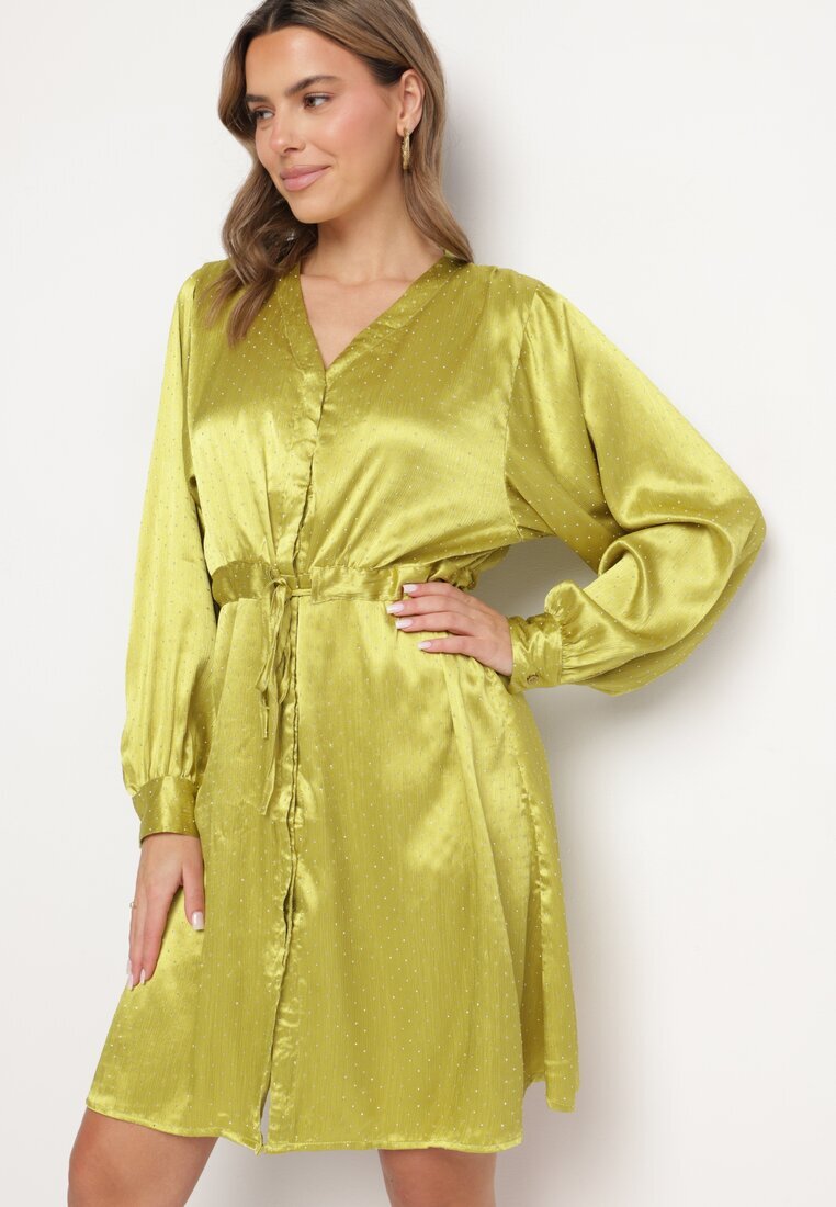 unigirl Rochie Verde De Satin Tip Cămașă cu Centură și Pietre Decorative Poledia