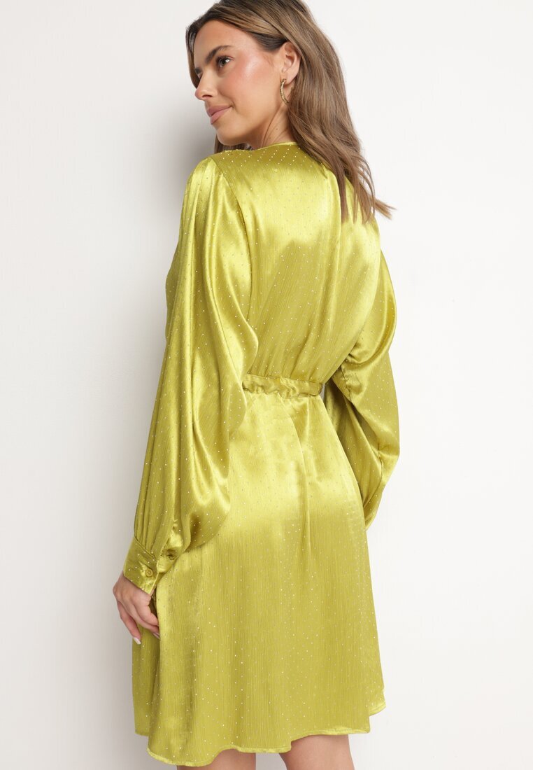 unigirl Rochie Verde De Satin Tip Cămașă cu Centură și Pietre Decorative Poledia