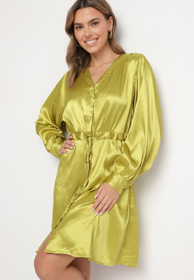unigirl Rochie Verde De Satin Tip Cămașă cu Centură și Pietre Decorative Poledia