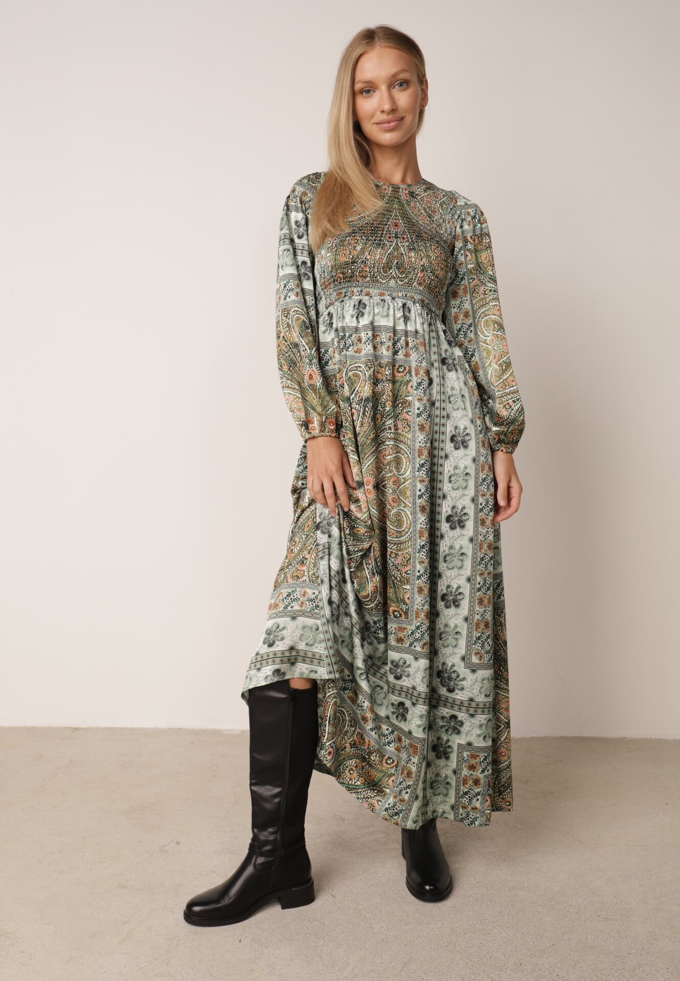 unigirl Rochie Verde în Stil Boho cu Croi Evazat și Mâneci Bufante Ertiana