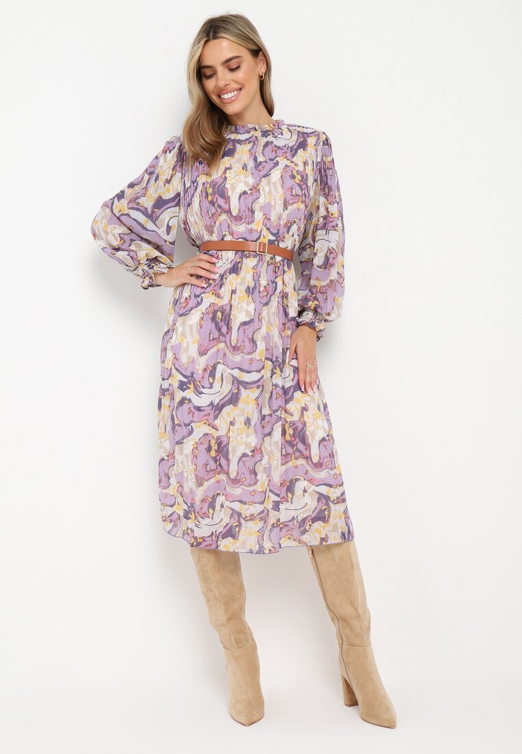 unigirl Rochie Violet Midi din Țesătură Plisată cu Curea cu Cataramă Siaha