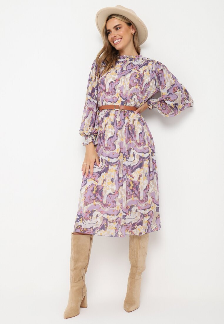 unigirl Rochie Violet Midi din Țesătură Plisată cu Curea cu Cataramă Siaha