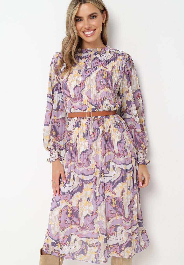 unigirl Rochie Violet Midi din Țesătură Plisată cu Curea cu Cataramă Siaha