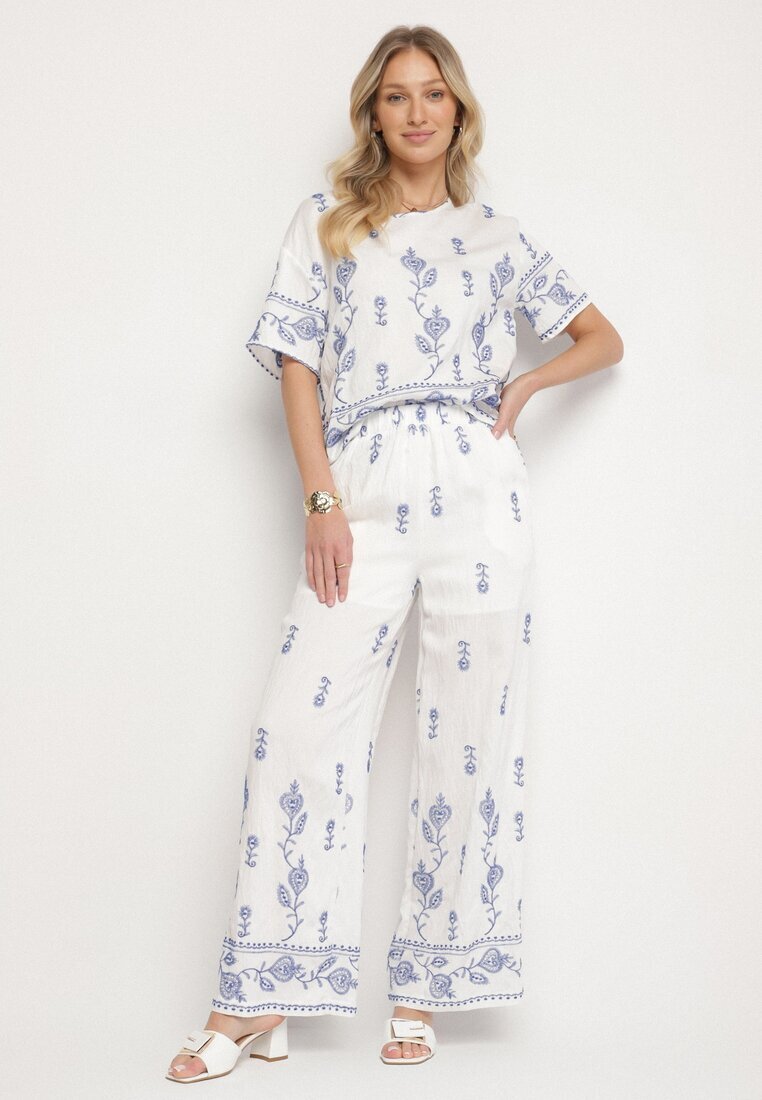 unigirl Set Alb din Vâscoză Brodat Tricou și Pantaloni Largi Tezonea