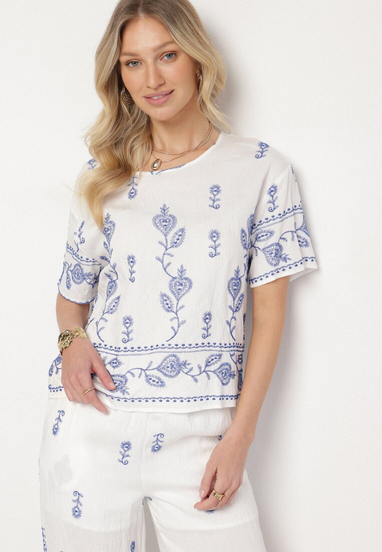 unigirl Set Alb din Vâscoză Brodat Tricou și Pantaloni Largi Tezonea