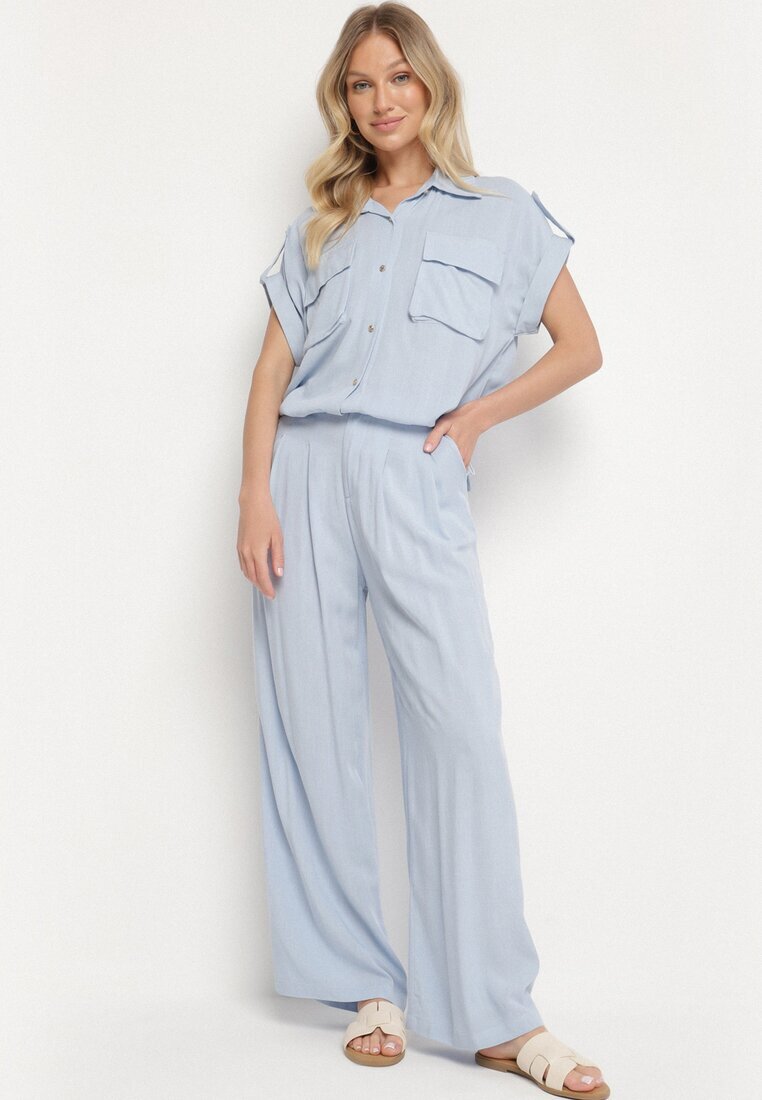 unigirl Set Albastru Din viscoză Cămașă cu Buzunare Decorative și Pantaloni Rinesella